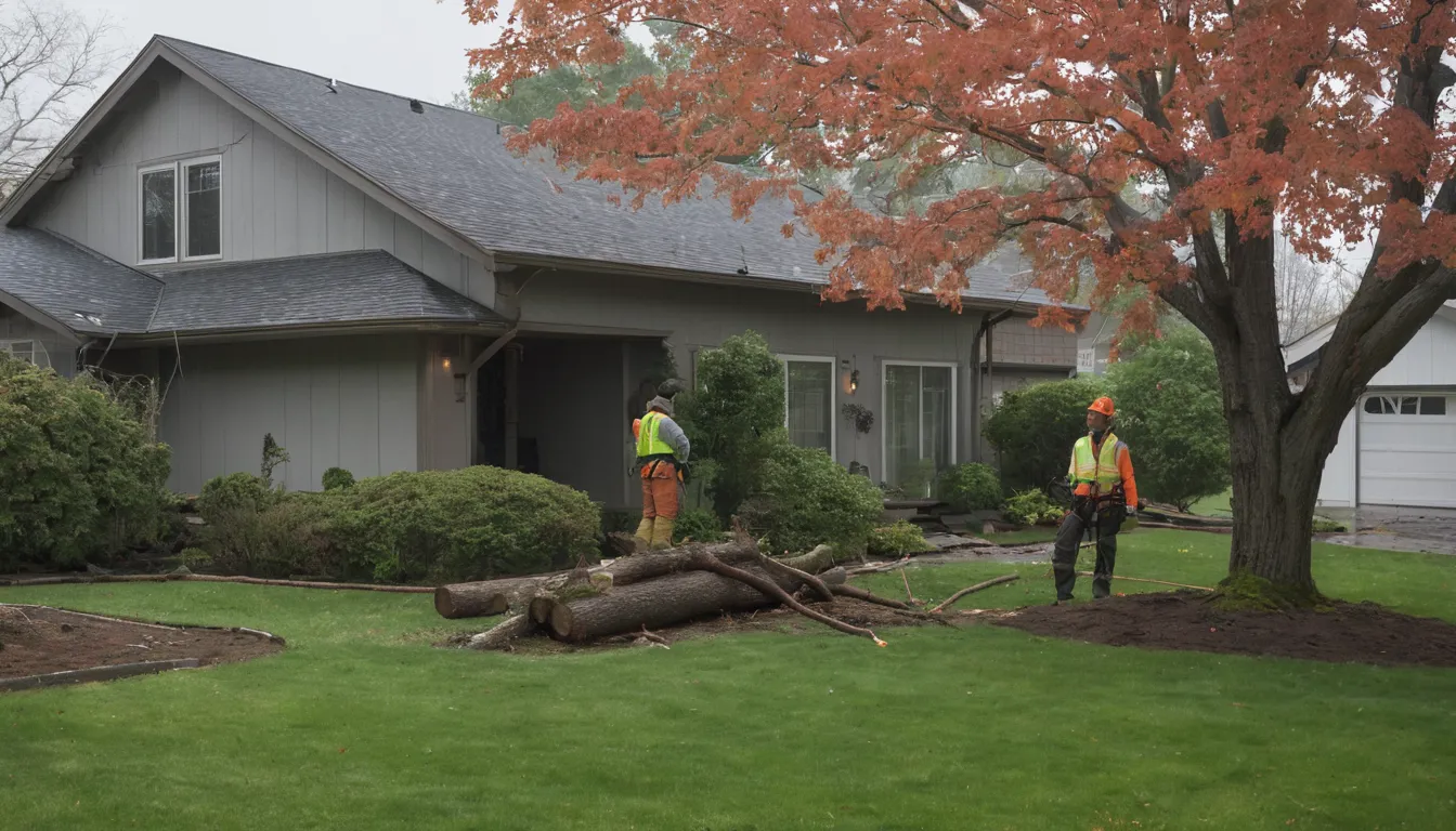 A calm homeowner and a tree provider looking over a storm-fallen tree in a yard in Novi