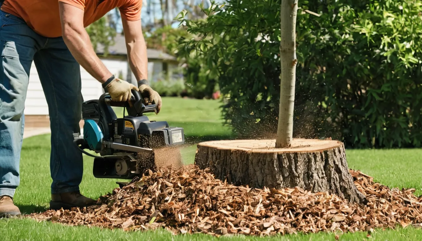 Provider operating a stump grinder in a residential yard in Novi, with wood chips on the lawn