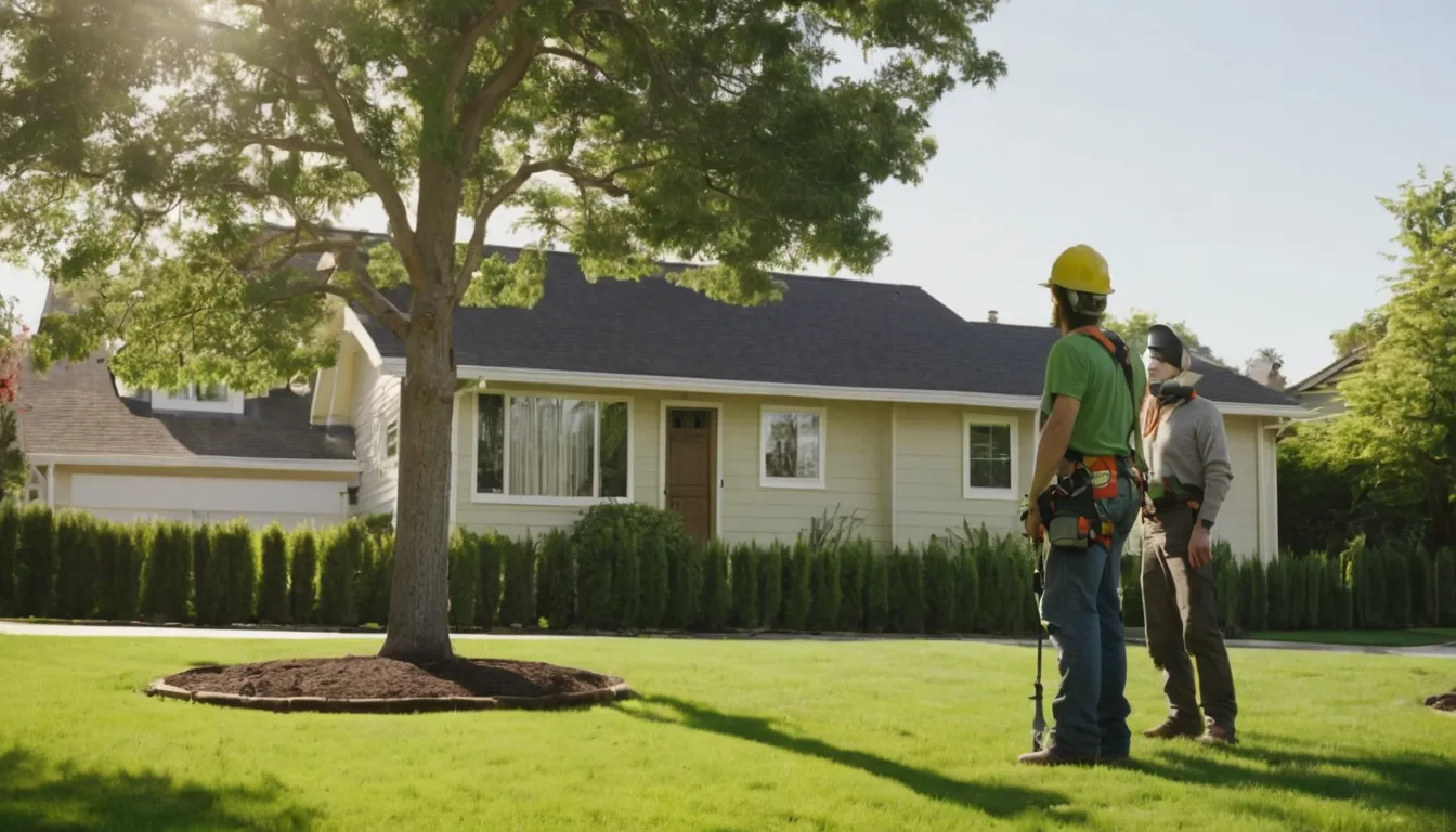 Friendly tree removal provider talking with a homeowner beside a tall tree in a Novi backyard